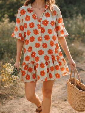 Victoria Dunn Size S Floral Mini Dress Red Flower Print Cotton Boho Cottagecore